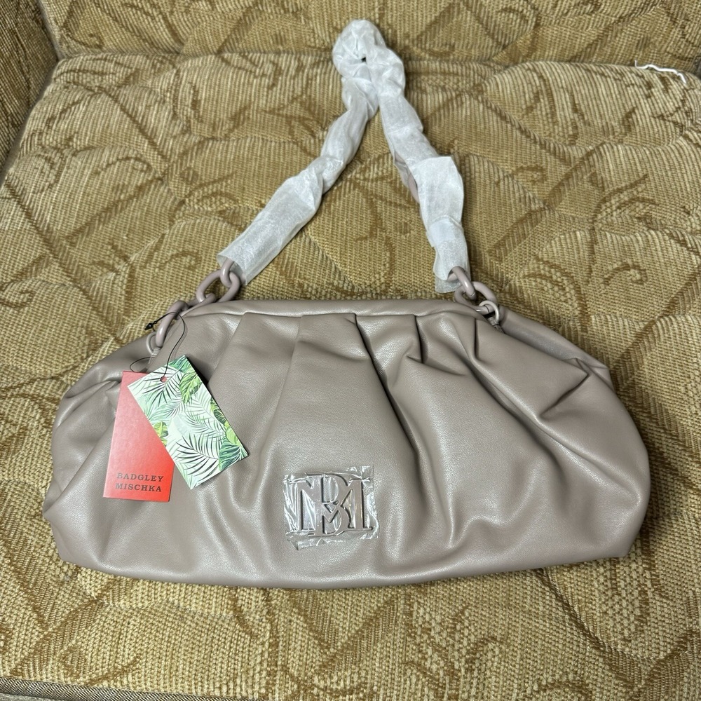 Badgley Mischka‎ NWT Handbag ~ Wrapped Frame Clutch~ Chain Strap~ Taupe Purse